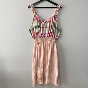 Handmade Plus Size Cotton Linen Pink Peach White Elastic Straps Dress